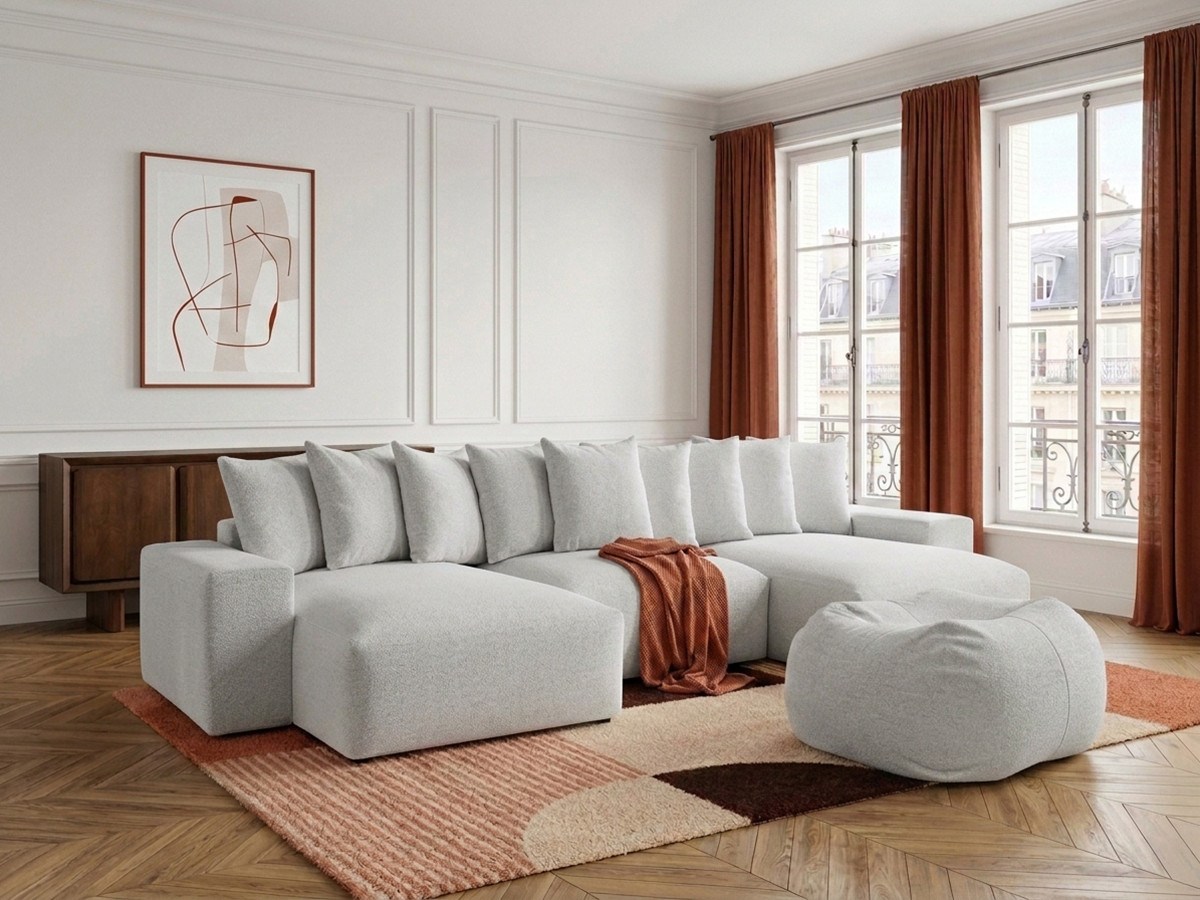 Canapé panoramique VOLTAIRE chiné avec pouf gris clair
