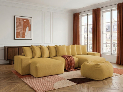 Canapé panoramique fixe VOLTAIRE tissu chiné avec pouf