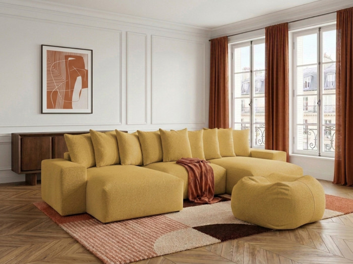 Canapé panoramique fixe VOLTAIRE tissu chiné avec pouf