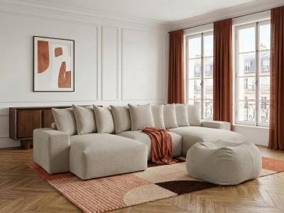 Canapé panoramique fixe VOLTAIRE tissu chiné avec pouf