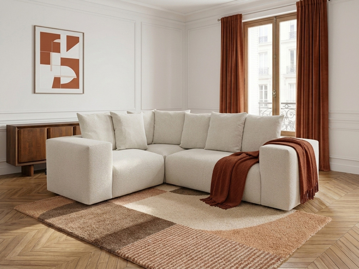Canapé d'angle fixe modulable VOLTAIRE avec 1 chauffeuse 2 places, 1 angle et 1 chauffeuse 1 place tissu chiné