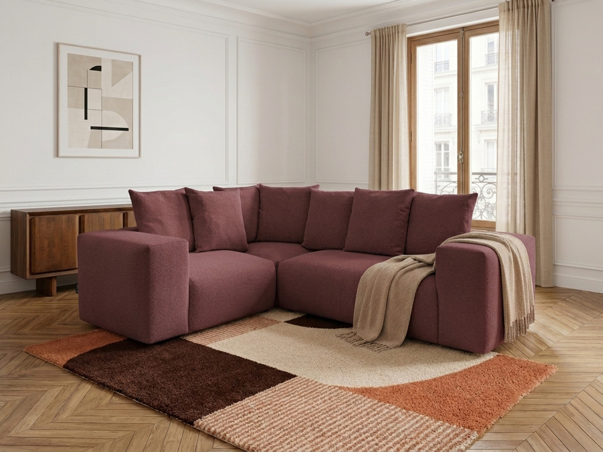 Canapé d'angle fixe modulable VOLTAIRE avec 1 chauffeuse 2 places, 1 angle et 1 chauffeuse 1 place tissu chiné rouge  angle gauche BOBOCHIC 4 places