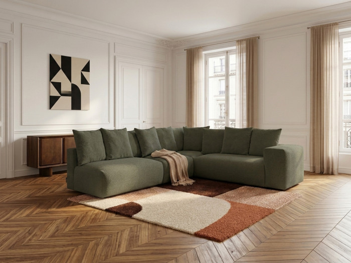 Canapé d'angle fixe modulable VOLTAIRE avec 2 chauffeuses 2 places, 1 angle et 1 chauffeuse 1 place tissu chiné