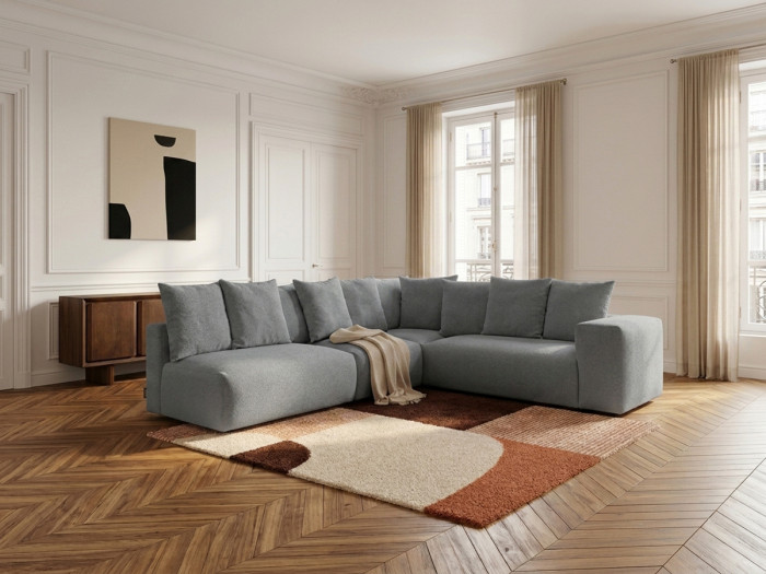 Canapé d'angle fixe modulable VOLTAIRE avec 2 chauffeuses 2 places, 1 angle et 1 chauffeuse 1 place tissu chiné