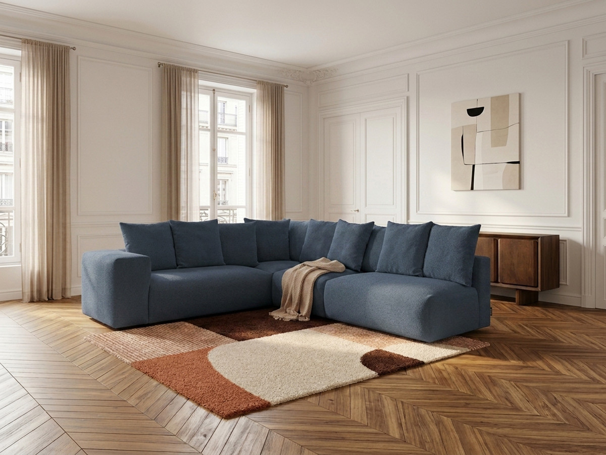 Canapé d'angle fixe modulable VOLTAIRE avec 2 chauffeuses 2 places, 1 angle et 1 chauffeuse 1 place tissu chiné