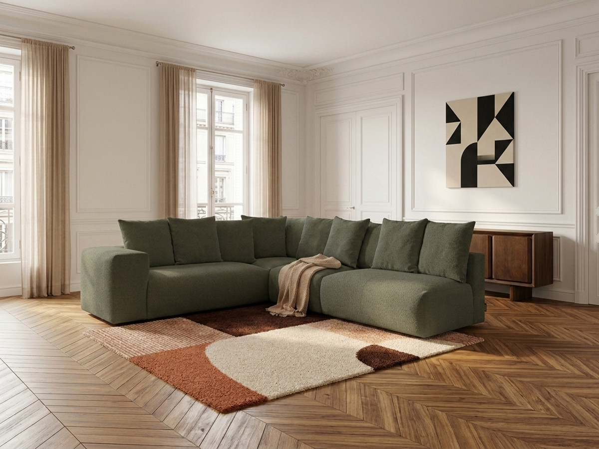 Canapé d'angle fixe modulable VOLTAIRE avec 2 chauffeuses 2 places, 1 angle et 1 chauffeuse 1 place tissu vert  angle gauche BOBOCHIC 6 places