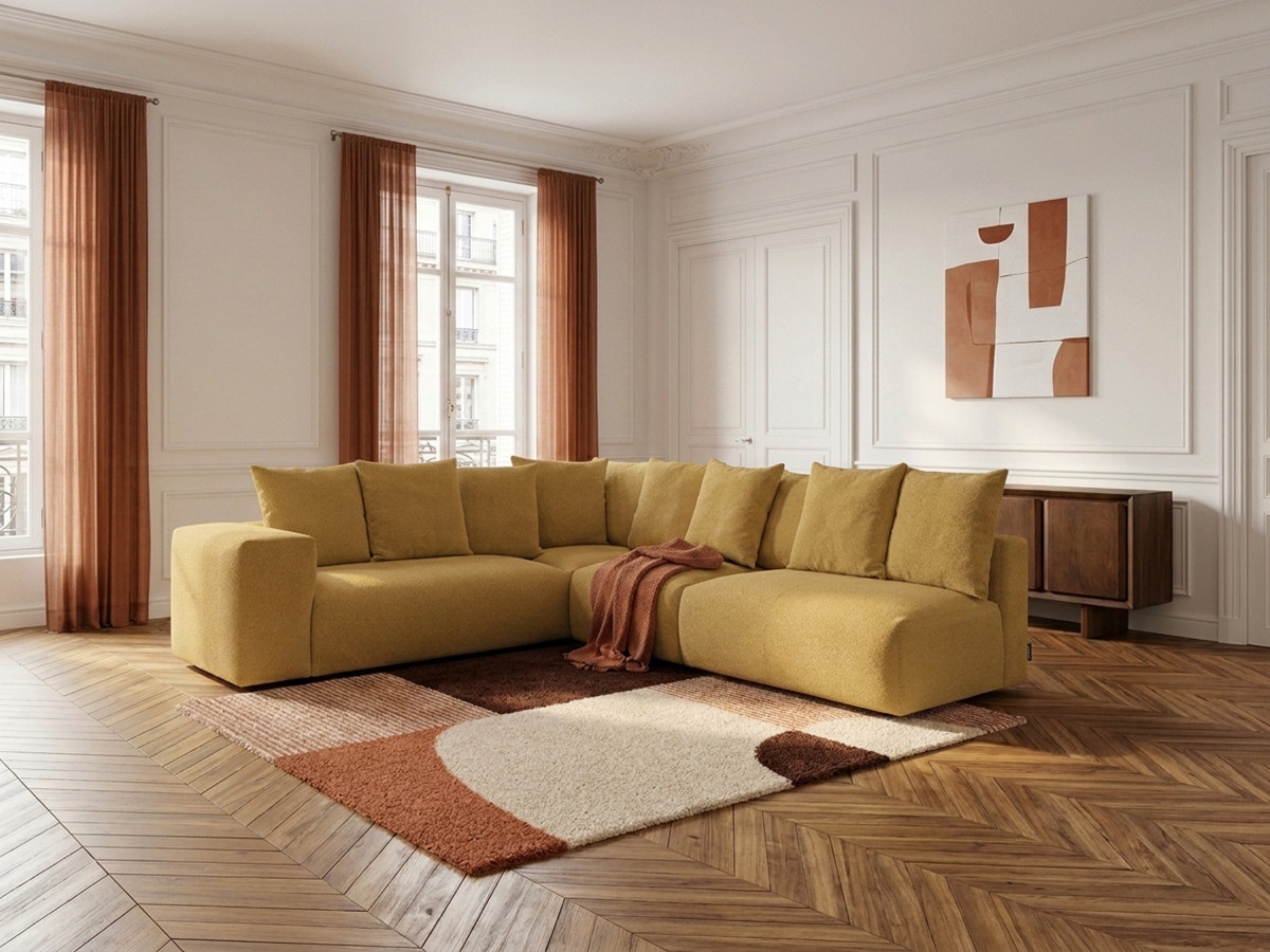 Canapé d'angle fixe modulable VOLTAIRE avec 2 chauffeuses 2 places, 1 angle et 1 chauffeuse 1 place tissu jaune  angle gauche BOBOCHIC 6 places