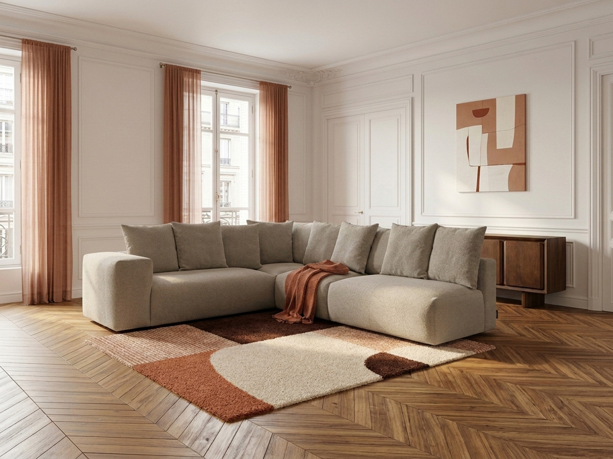 Canapé d'angle fixe modulable VOLTAIRE avec 2 chauffeuses 2 places, 1 angle et 1 chauffeuse 1 place tissu chiné
