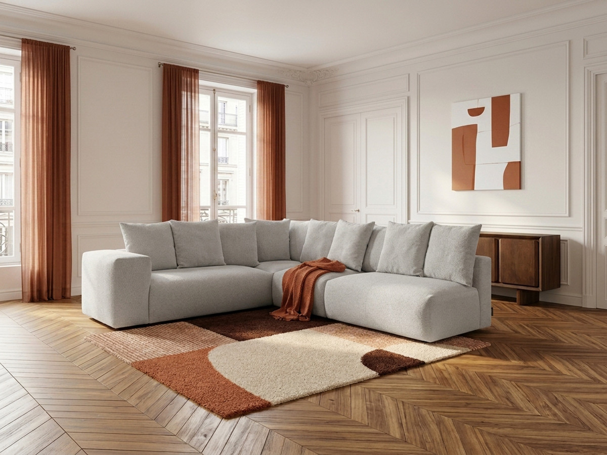 Canapé d'angle fixe modulable VOLTAIRE avec 2 chauffeuses 2 places, 1 angle et 1 chauffeuse 1 place tissu gris clair  angle gauche BOBOCHIC 6 places
