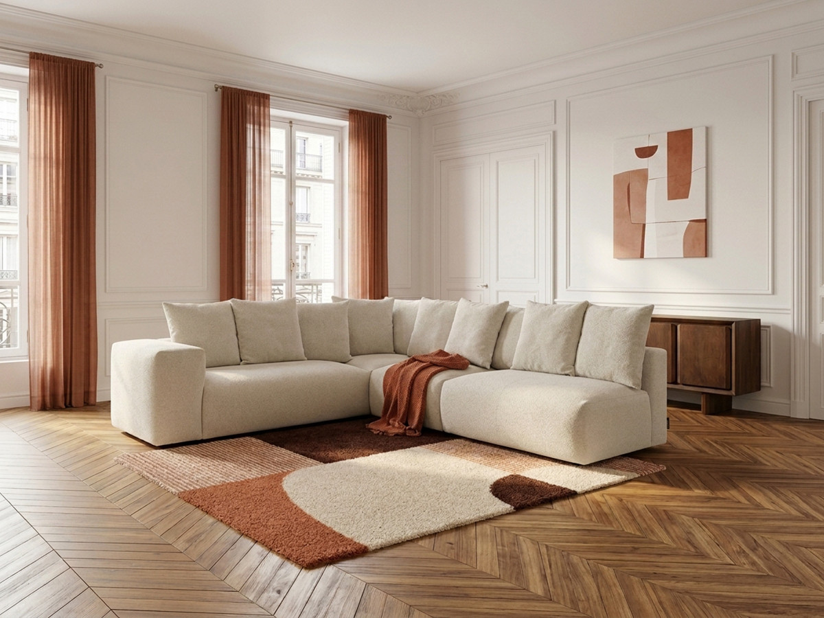 Canapé d'angle fixe modulable VOLTAIRE avec 2 chauffeuses 2 places, 1 angle et 1 chauffeuse 1 place tissu chiné