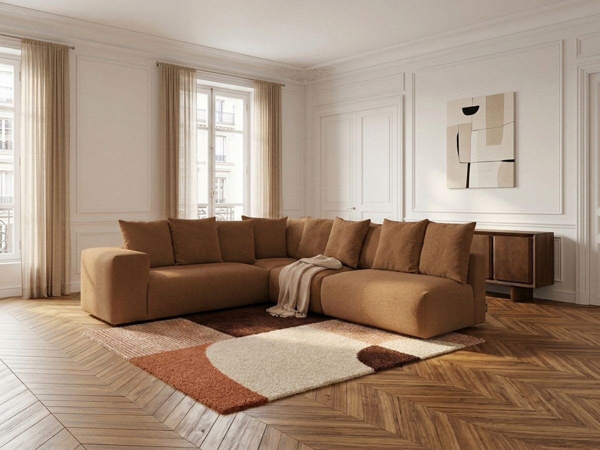 Canapé d'angle fixe modulable VOLTAIRE avec 2 chauffeuses 2 places, 1 angle et 1 chauffeuse 1 place tissu orange  angle gauche BOBOCHIC 6 places