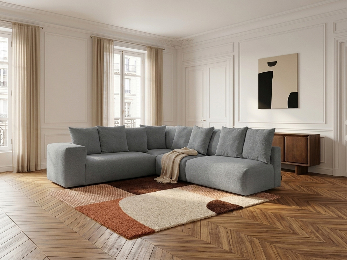 Canapé d'angle fixe modulable VOLTAIRE avec 2 chauffeuses 2 places, 1 angle et 1 chauffeuse 1 place tissu gris foncé  angle gauche BOBOCHIC 6 places