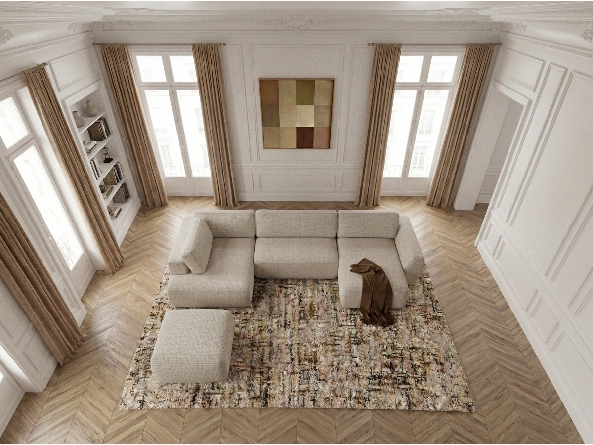 Canapé panoramique convertible coffre DENISE texturé avec pouf beige — vue 6