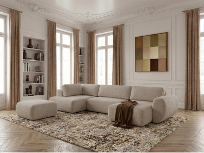 Canapé panoramique convertible coffre DENISE tissu texturé avec pouf