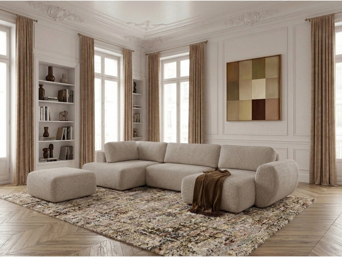 Canapé panoramique convertible coffre DENISE texturé avec pouf beige