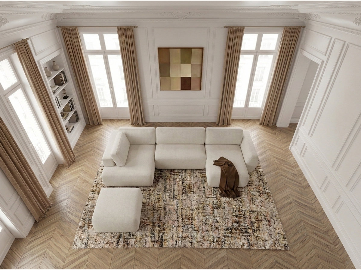Canapé panoramique convertible coffre DENISE texturé avec pouf blanc — vue 6