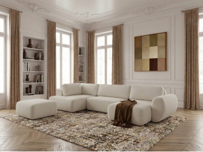 Canapé panoramique convertible coffre DENISE tissu texturé avec pouf