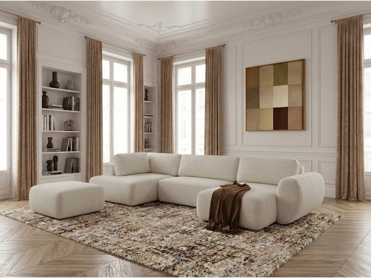 Canapé panoramique convertible coffre DENISE tissu texturé avec pouf