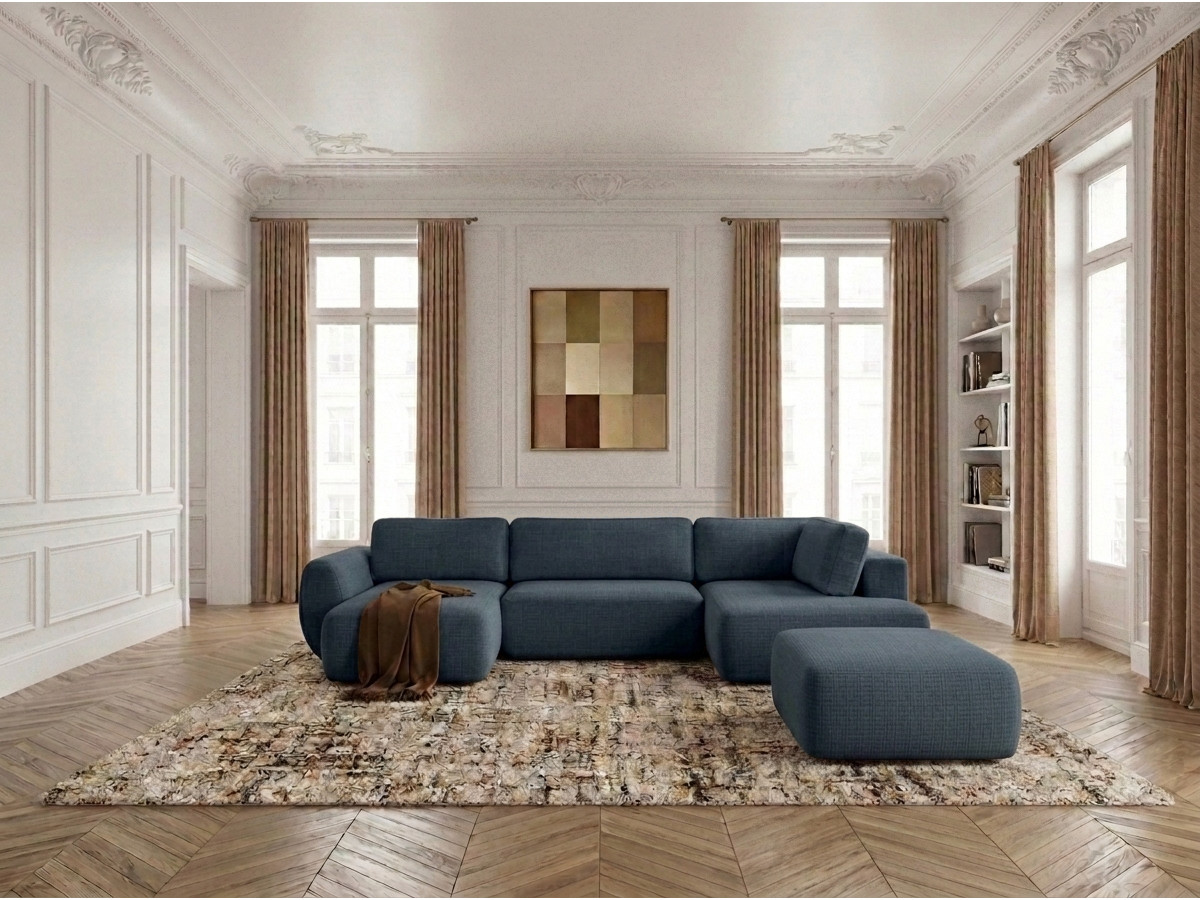 Canapé panoramique convertible coffre DENISE tissu texturé avec pouf bleu foncé angle gauche BOBOCHIC 6 places