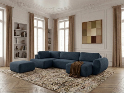 Canapé panoramique convertible coffre DENISE tissu texturé avec pouf