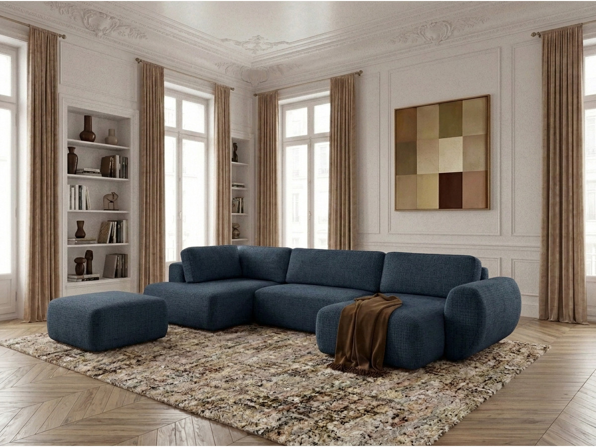 Canapé panoramique convertible coffre DENISE tissu texturé avec pouf