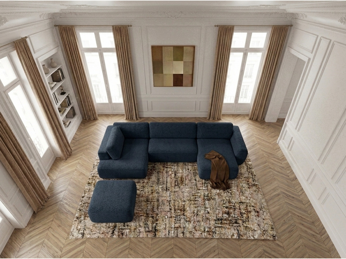 Canapé panoramique convertible coffre DENISE texturé avec pouf bleu foncé — vue 6