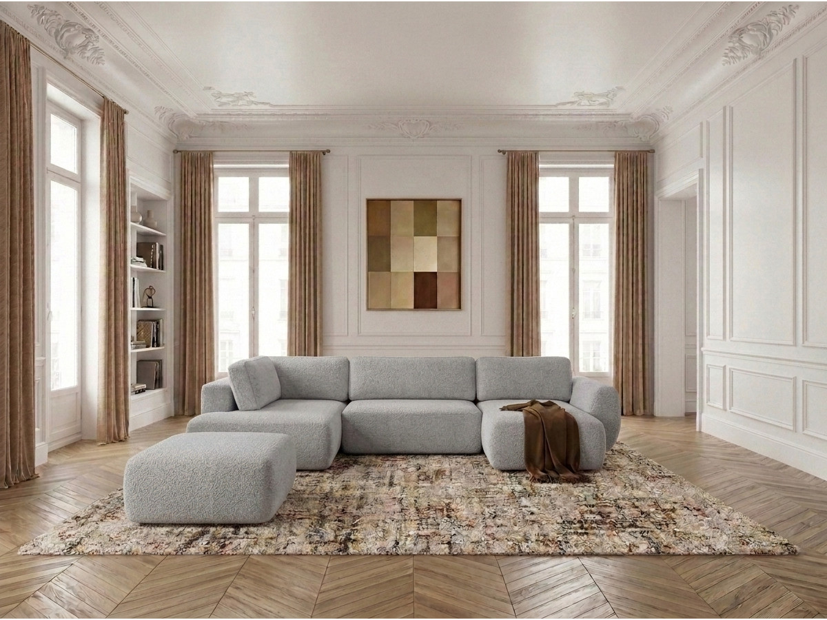Canapé panoramique convertible coffre DENISE texturé avec pouf gris clair — vue 4