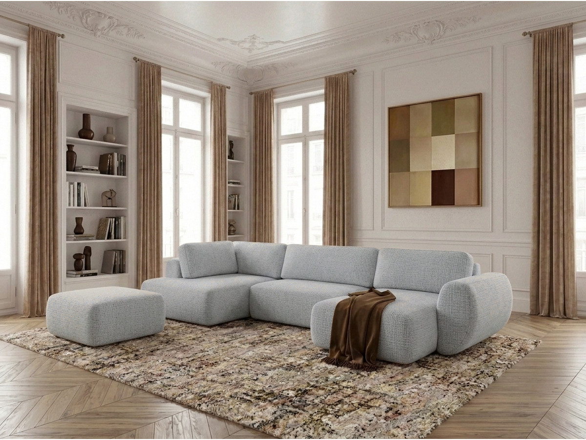 Canapé panoramique convertible coffre DENISE texturé avec pouf gris clair