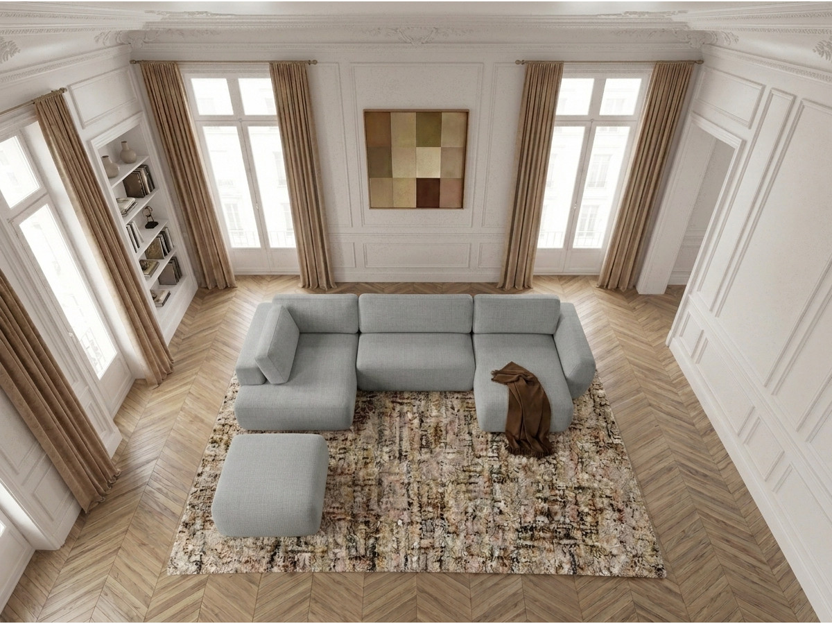 Canapé panoramique convertible coffre DENISE texturé avec pouf gris clair — vue 6