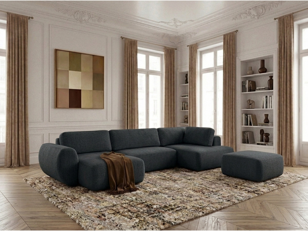 Canapé panoramique convertible coffre DENISE tissu texturé avec pouf noir  angle gauche BOBOCHIC 6 places