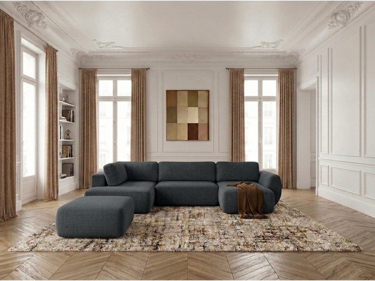 Canapé panoramique convertible coffre DENISE texturé avec pouf noir — vue 4