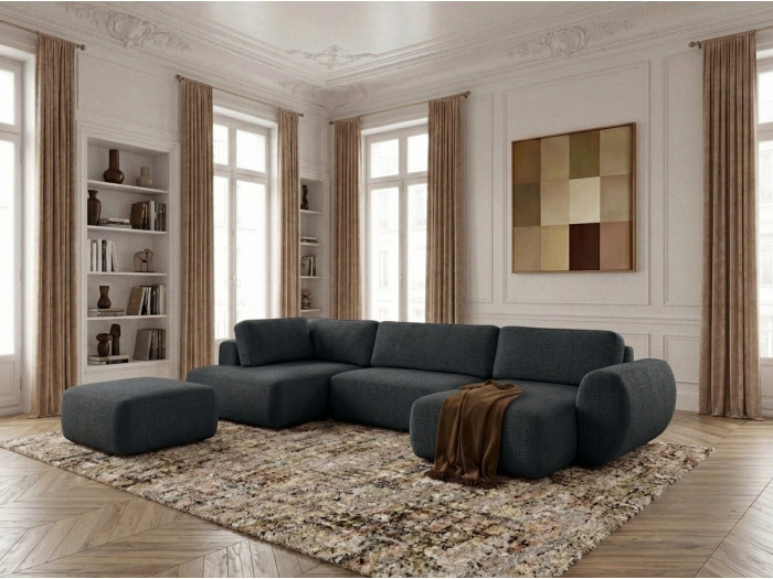 Canapé panoramique convertible coffre DENISE tissu texturé avec pouf