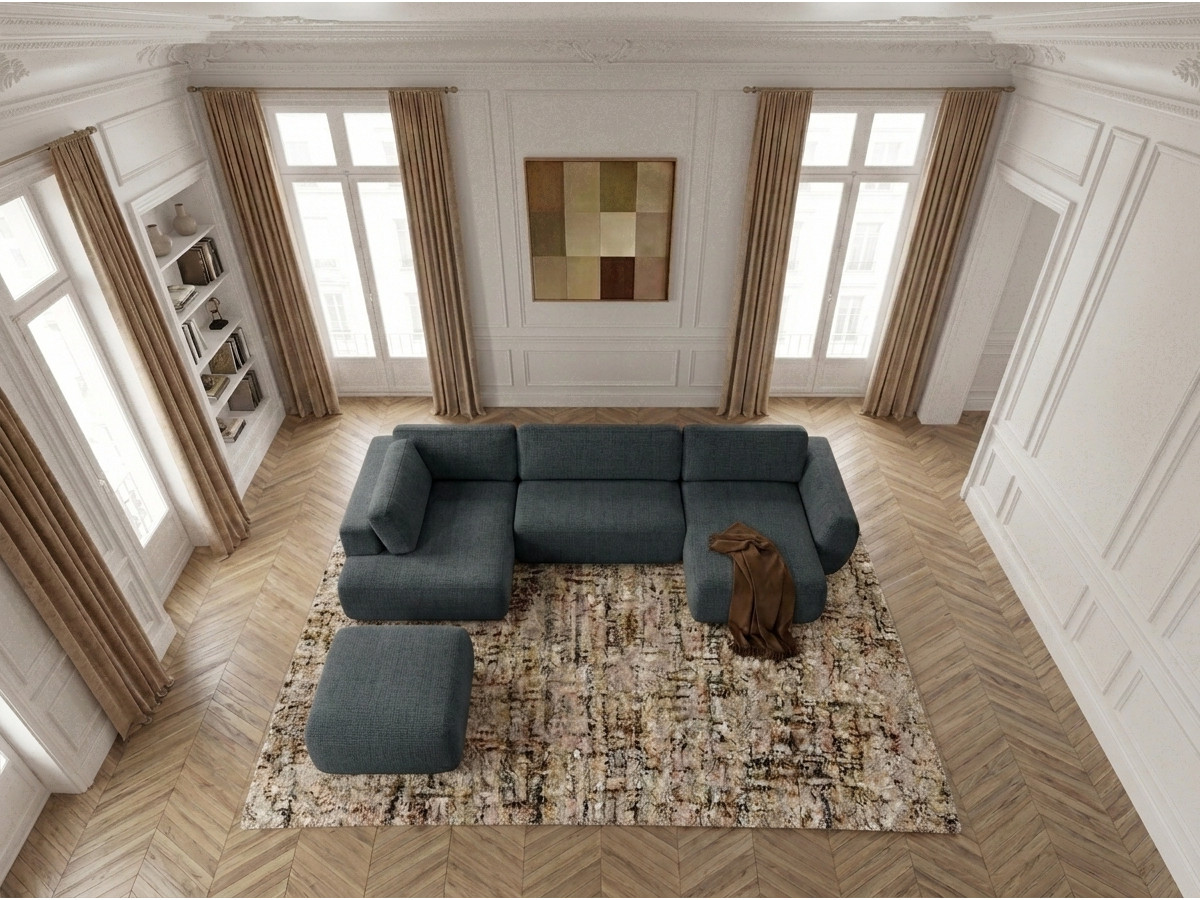 Canapé panoramique convertible coffre DENISE texturé avec pouf noir — vue 6