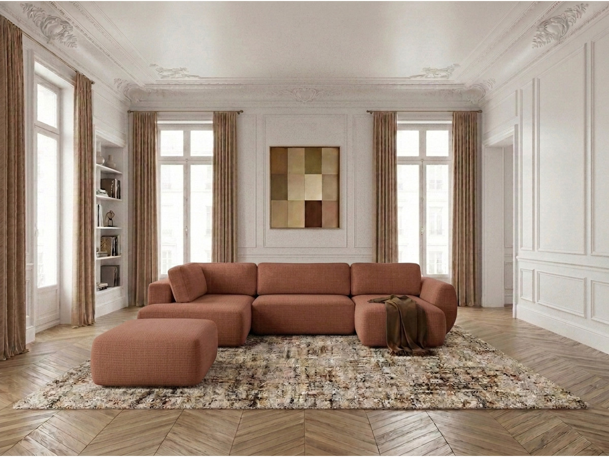 Canapé panoramique convertible coffre DENISE texturé avec pouf orange — vue 4