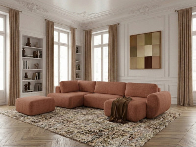 Canapé panoramique convertible coffre DENISE tissu texturé avec pouf