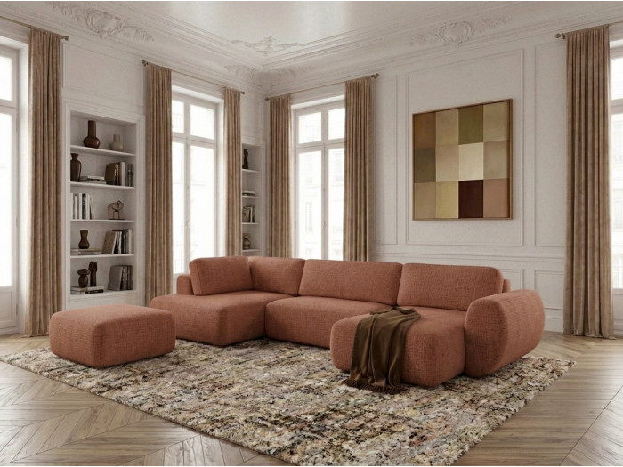 Canapé panoramique convertible coffre DENISE tissu texturé avec pouf