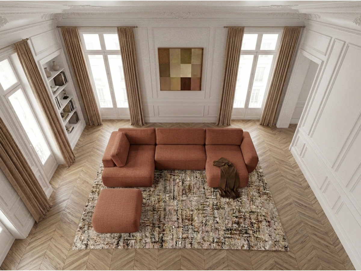 Canapé panoramique convertible coffre DENISE texturé avec pouf orange — vue 6