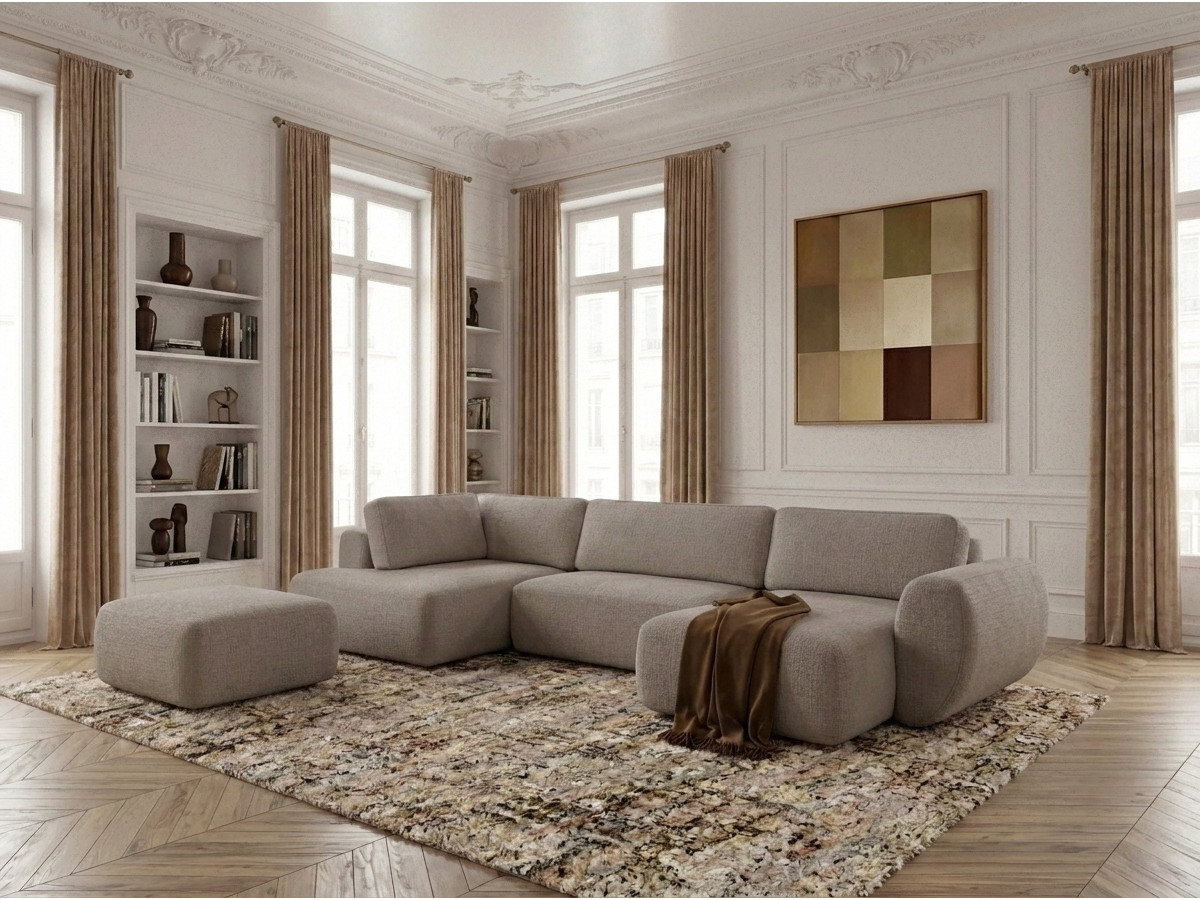 Canapé panoramique convertible coffre DENISE texturé avec pouf taupe