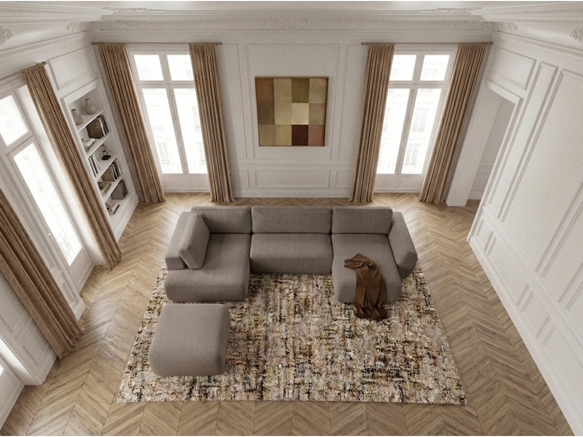 Canapé panoramique convertible coffre DENISE texturé avec pouf taupe — vue 6