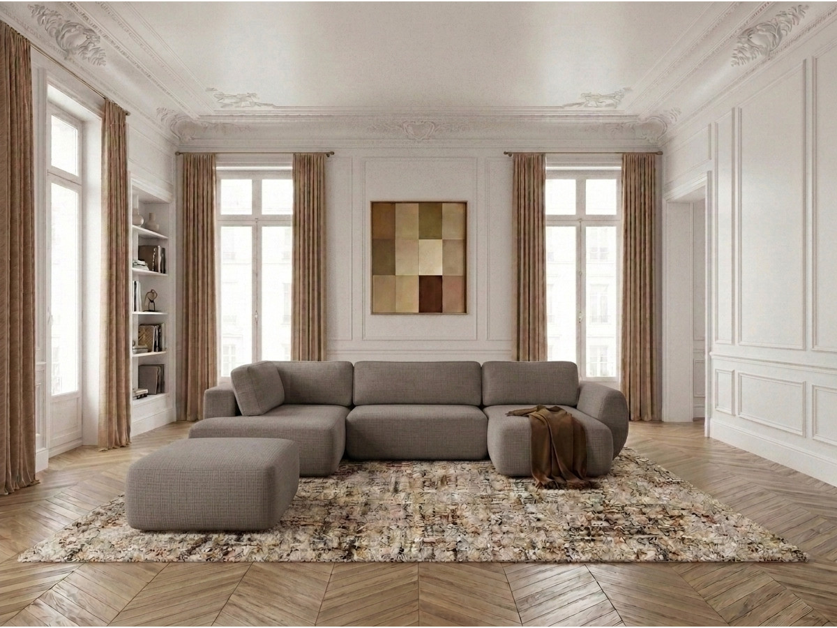 Canapé panoramique convertible coffre DENISE texturé avec pouf taupe — vue 4