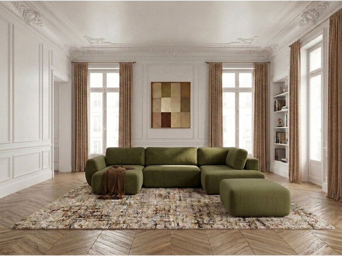 Canapé panoramique convertible coffre DENISE tissu texturé avec pouf