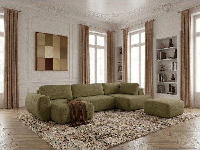 Canapé panoramique convertible coffre DENISE tissu texturé avec pouf
