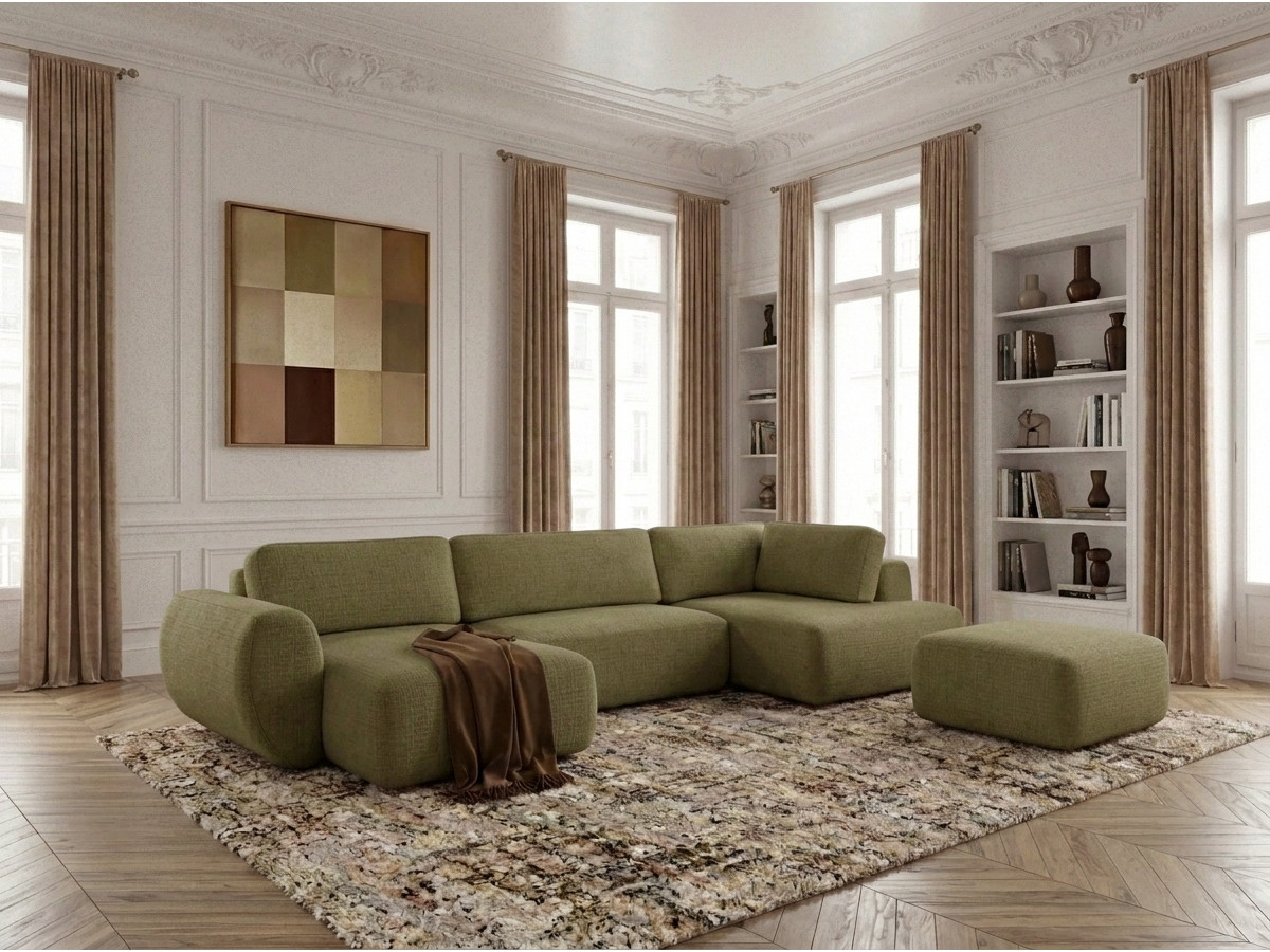 Canapé panoramique convertible coffre DENISE tissu texturé avec pouf