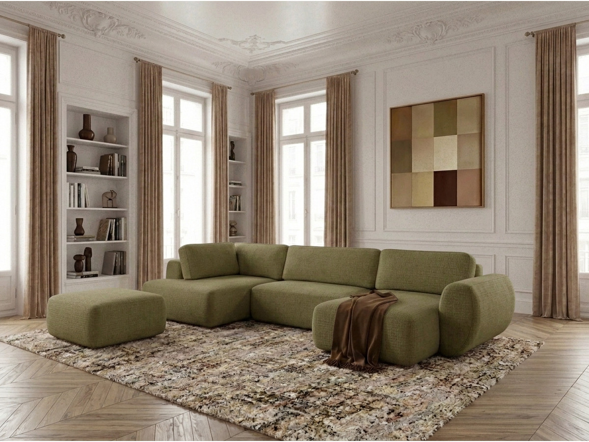 Canapé panoramique convertible coffre DENISE tissu texturé avec pouf