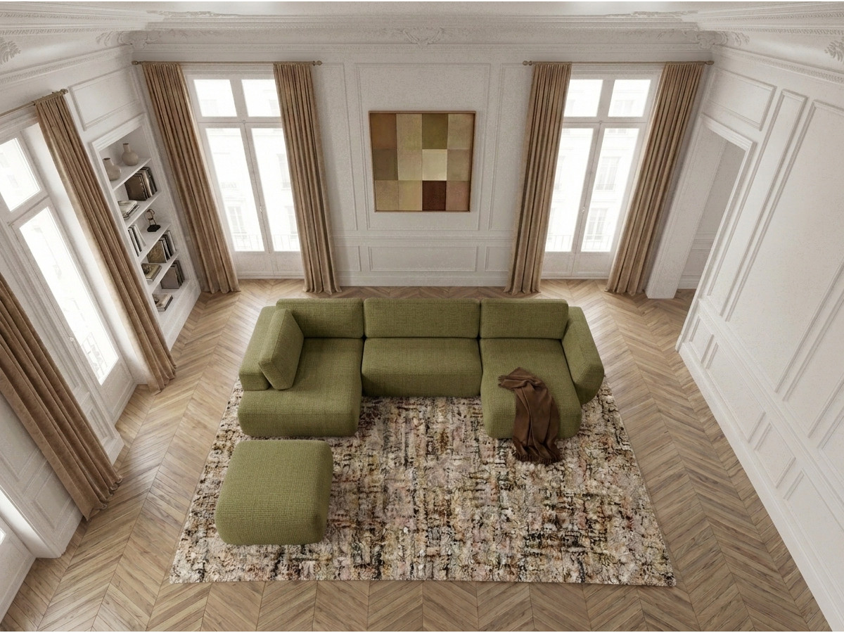Canapé panoramique convertible coffre DENISE texturé avec pouf vert — vue 6