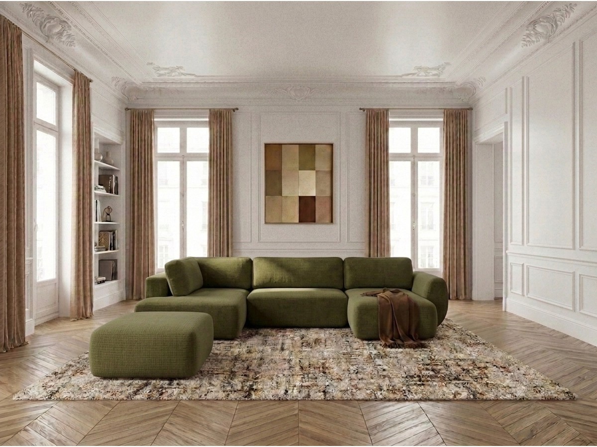 Canapé panoramique convertible coffre DENISE texturé avec pouf vert — vue 4