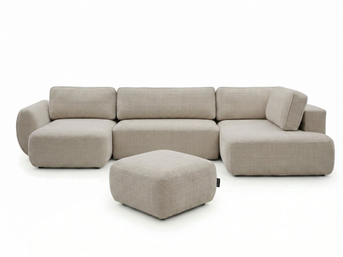 Canapé panoramique convertible coffre DENISE tissu texturé avec pouf