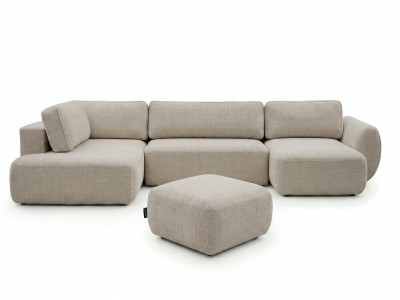 Canapé panoramique convertible coffre DENISE tissu texturé avec pouf