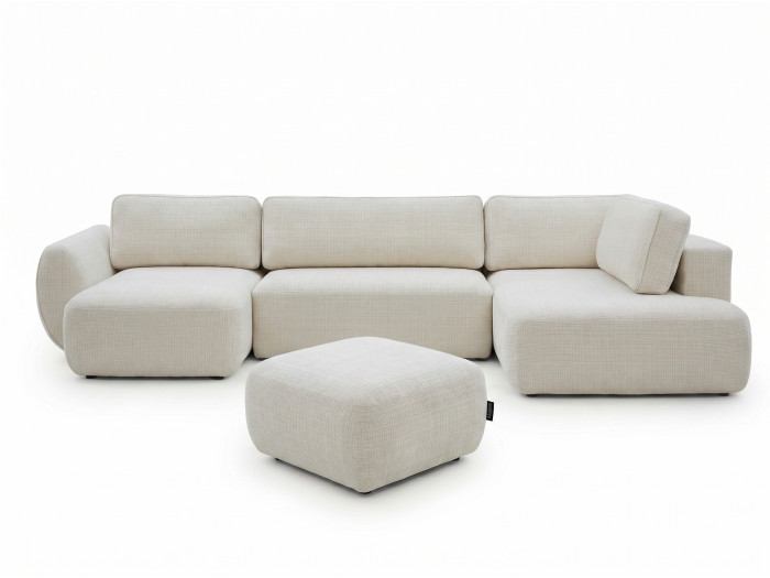 Canapé panoramique convertible coffre DENISE tissu texturé avec pouf