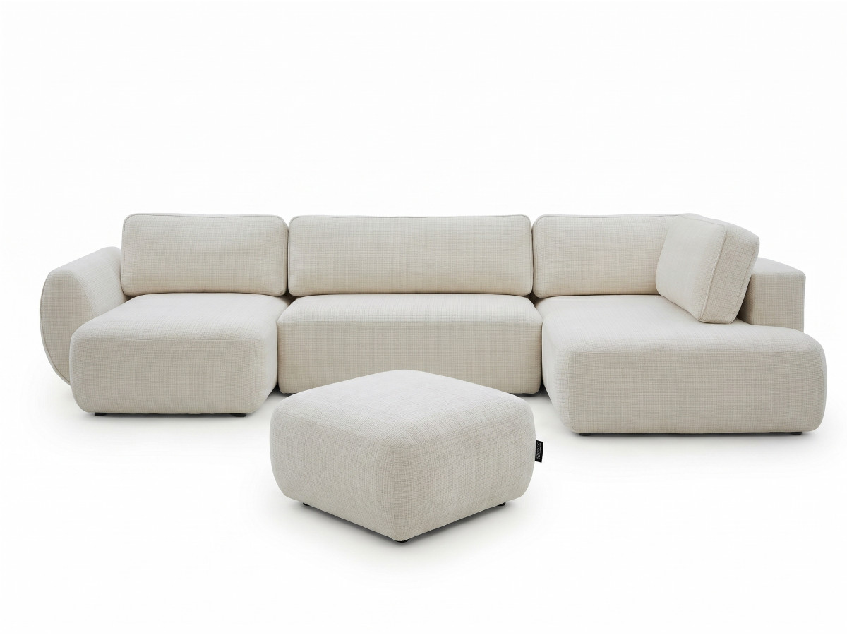 canapé panoramique convertible coffre denise tissu texturé avec pouf de couleur blanc